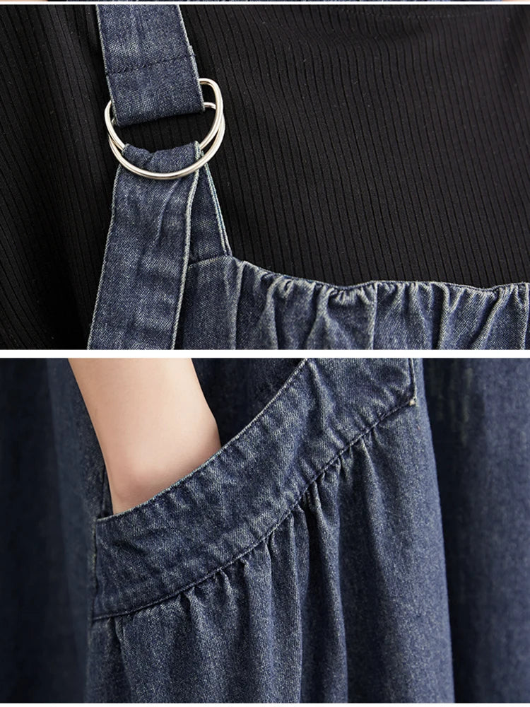 359 Spring Summer New Women Denim Suspender Long Skirt Loose Casual Punk Vintage Style Cargo Female Popular Large Swing Dress