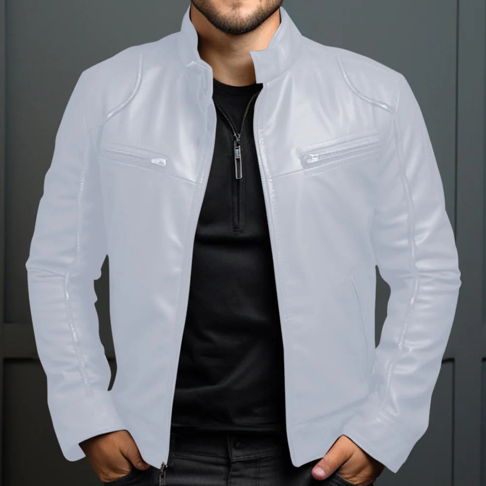 Asian Size Men's Motorcycle Leather Jacket Stand Collar Punk Biker Jacket Men's Casual Slim Fit PU Leather Coat Riding Jacket