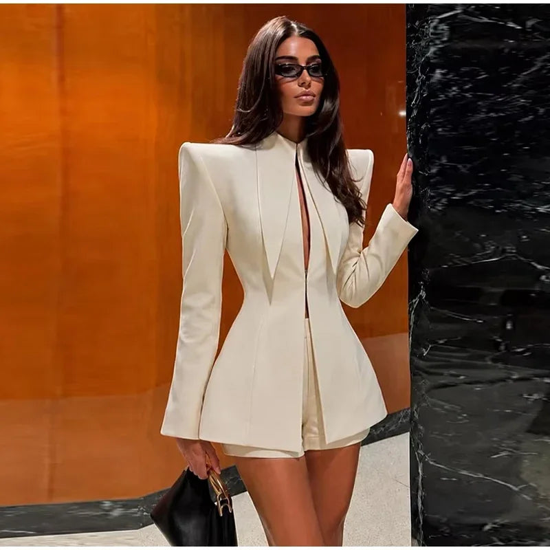 Women Fashion Solid Shorts Set Sexy Stand Collar Waist Cinching Slim Fit Coat Suits 2026 New Spring Autumn Lady Street Outfit