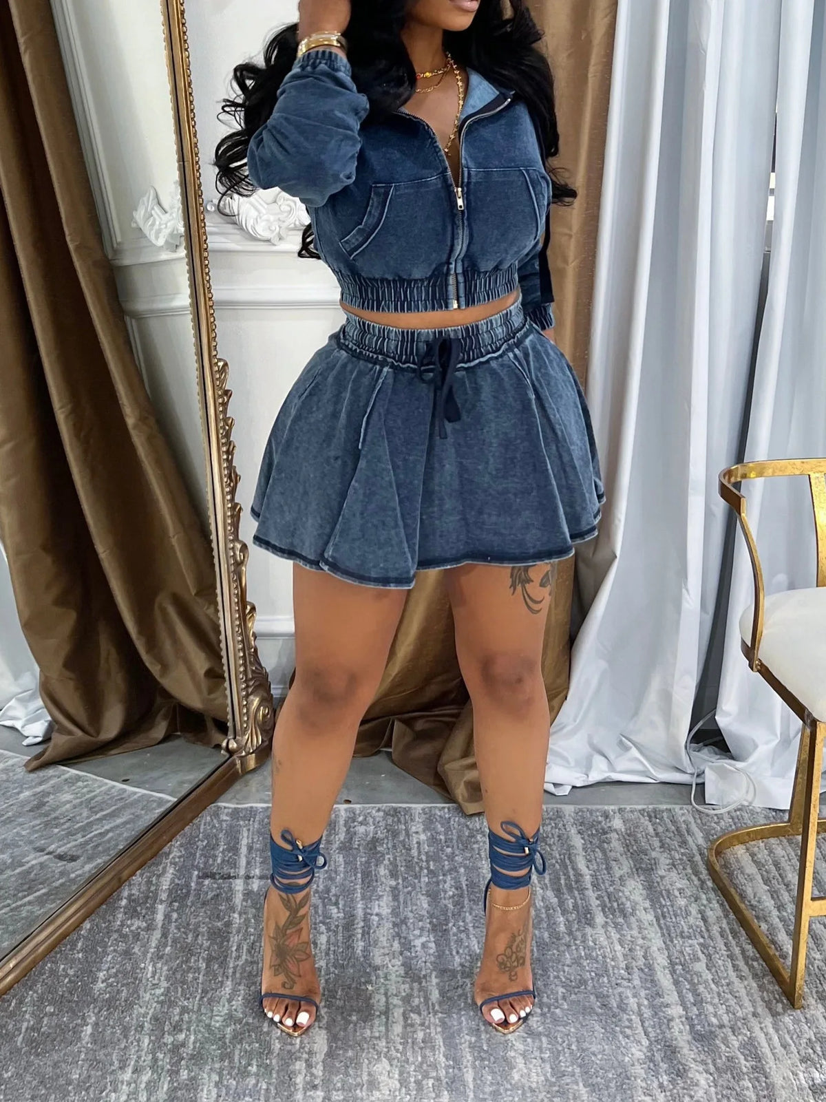 FAGADOER Fashion Denim 2 Pieces Set for Woman Wash Long Sleeve Hooded Crop Top and Pleated Skirts Matching Suits Streetwear New