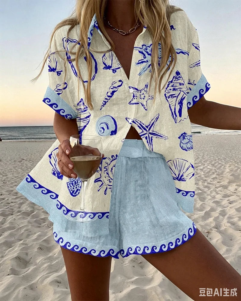 Holiday Summer Vacation Shorts Set 3D Printed Seaside Tropical Casual Lapel Shirt Blouse Top Shorts 2-Piece Suits Beach Clothes