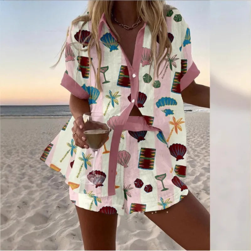 Fashion Print Beach Holiday 2 Piece Set Women Summer Short Sleeve Shirt Top Wide Legs Shorts Women's Oversize Two Piece Outfit