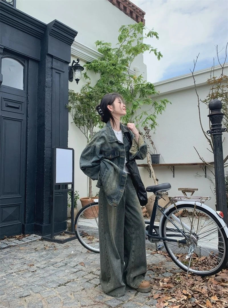 Vintage Washed Denim For Women Loose Fit Street Style Casual Biker With Retro Spring Autumn Layering Outerwear