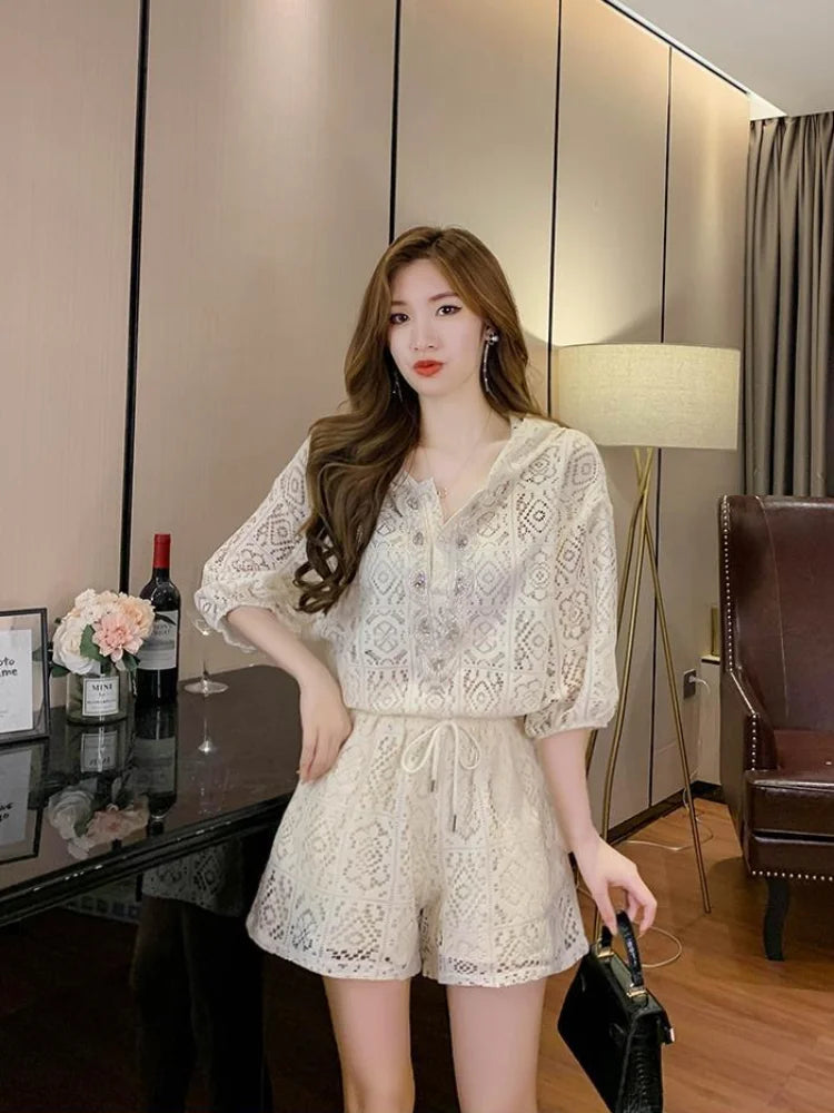 Short Sets for Women 2 Pieces Office Apricot Lace Woman Shorts Full Novelty in New Products Stylish Vacation Outfits 2025 Light