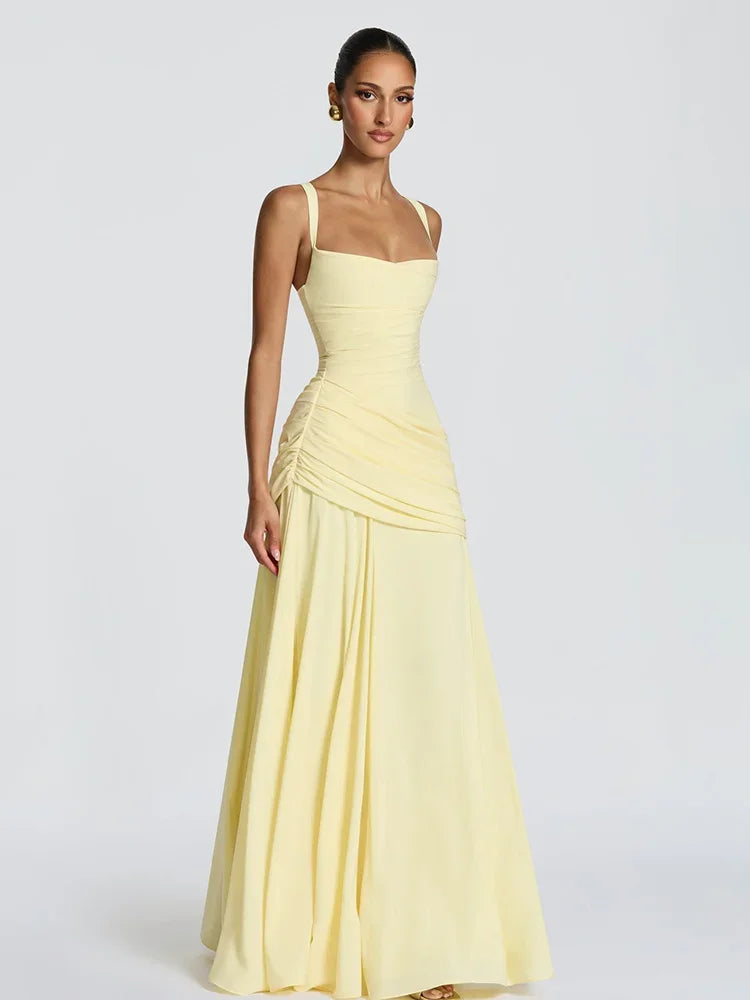 Elegant Solid Pleated Sling Dress Women Sexy Square Neck Sleeveless High Waist Slim Maxi Dresses 2026 Lady Party Evening Robe