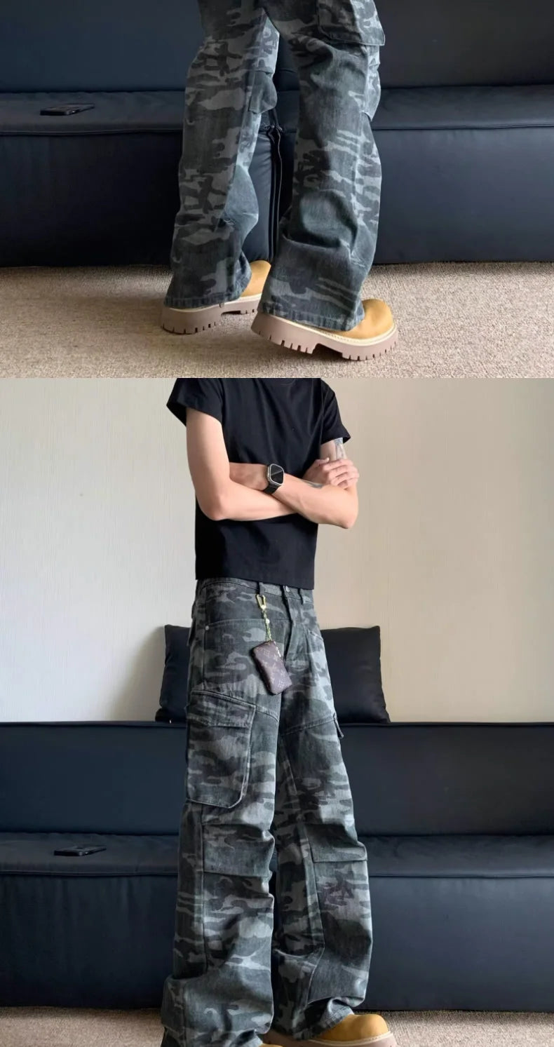Summer Large Size American Retro Camouflage Work Pants Men's Loose Straight Leg Jeans with Diagonal Pockets Casual Long Trousers