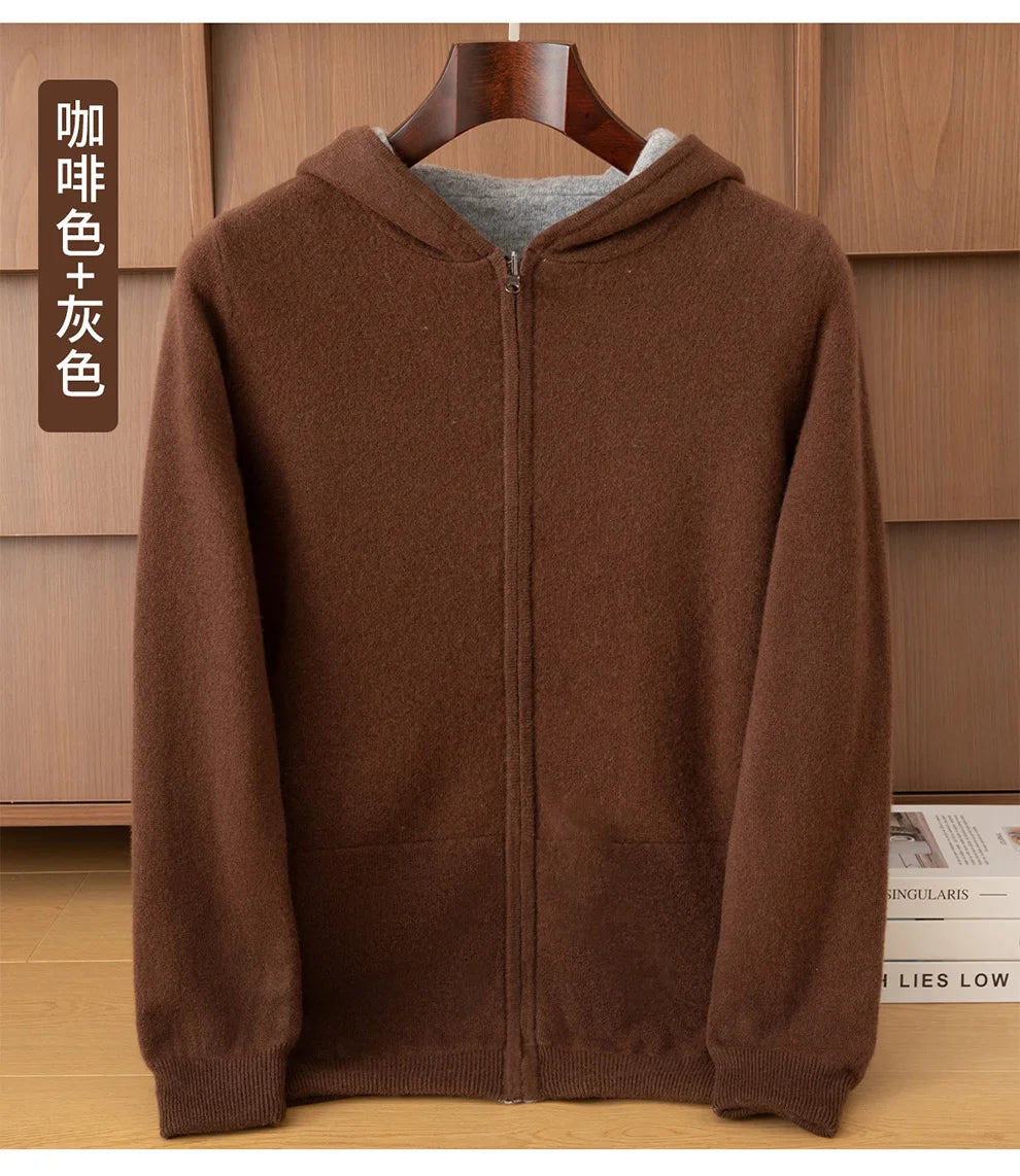 Double-Sided Cashmere Hooded Cardigan For Men Autumn And Winter Wearing Sweater Thickened Pure Wool Knitted Loose Zipper Coat