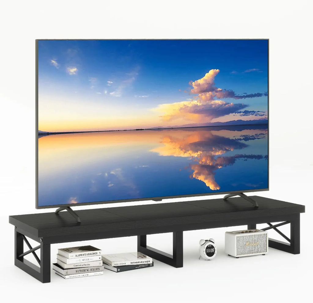Large TV Stand Riser for 32-60 Inch Screens with Storage Shelves and Steel Legs, Black