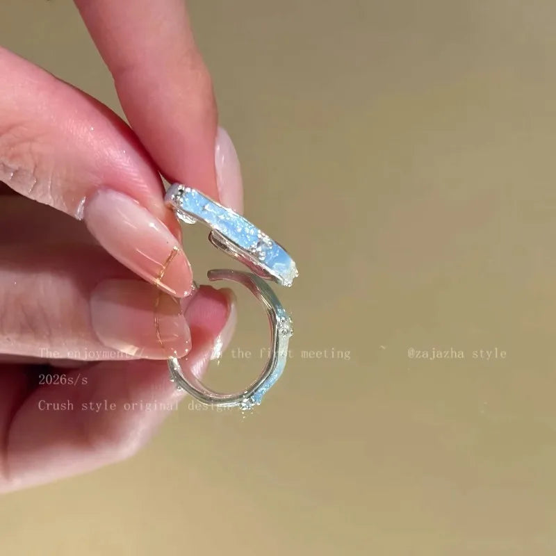 Sweet Blue Starfish Shell Rings for Women Girls Fashion Imitation Pearl Open Rings Summer Ocean Vacation Jewelry Accessories