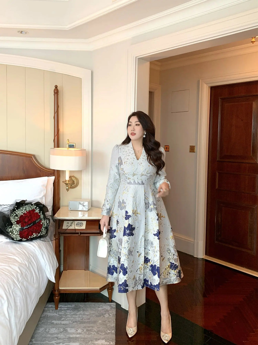 Big Size Spring Summer Jacquard Dress Occasion V-Neck Brocade Dress Women Long Sleeve Party Evening Clothing Mid-Calf Ball Gown