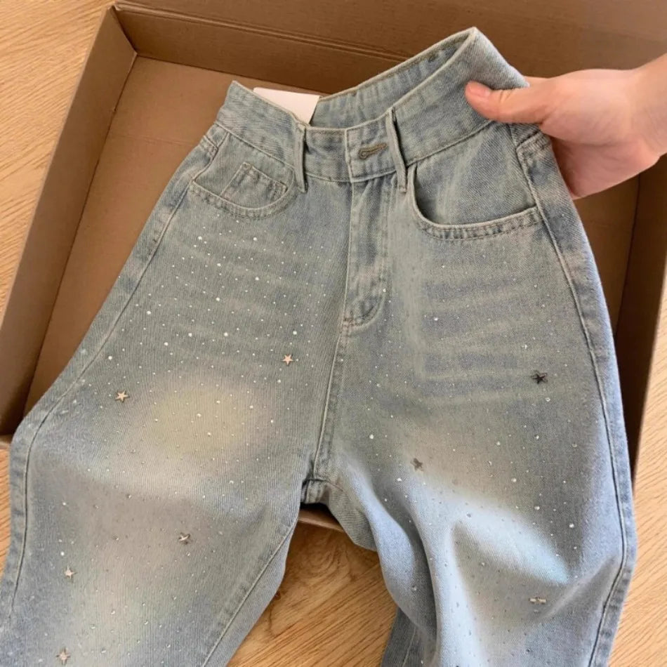 Women's Spring Summer New Slimming High Waist Shiny Star Rhinestone Denim Pants Wide Leg Trendy Jeans High Waist Button Decor