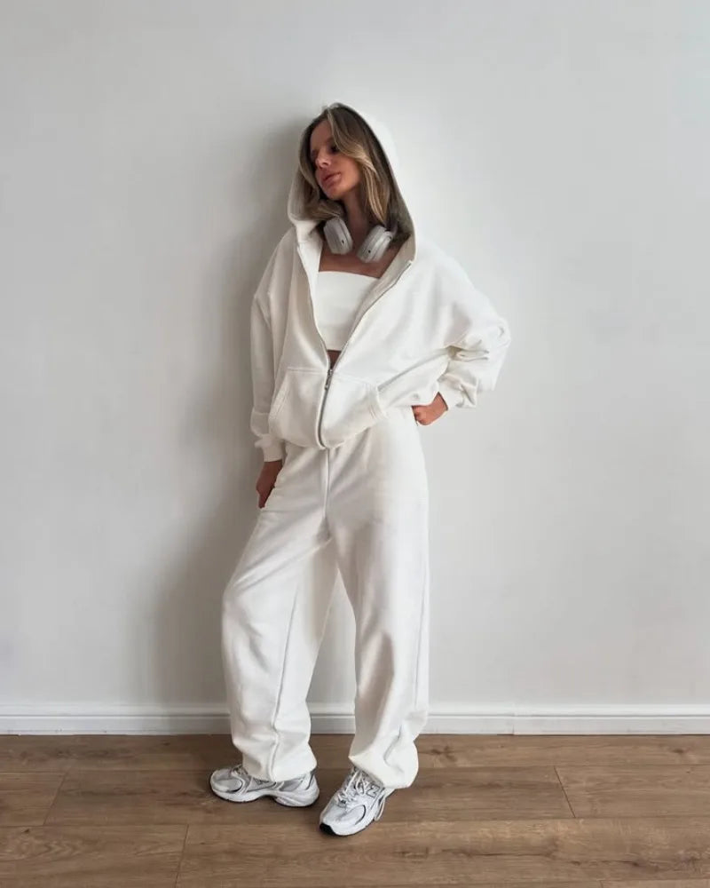 Women's Casual Suit Solid Color Long Sleeve Hooded Cardigan Pocket Sweater Elastic Pants Two-piece Set