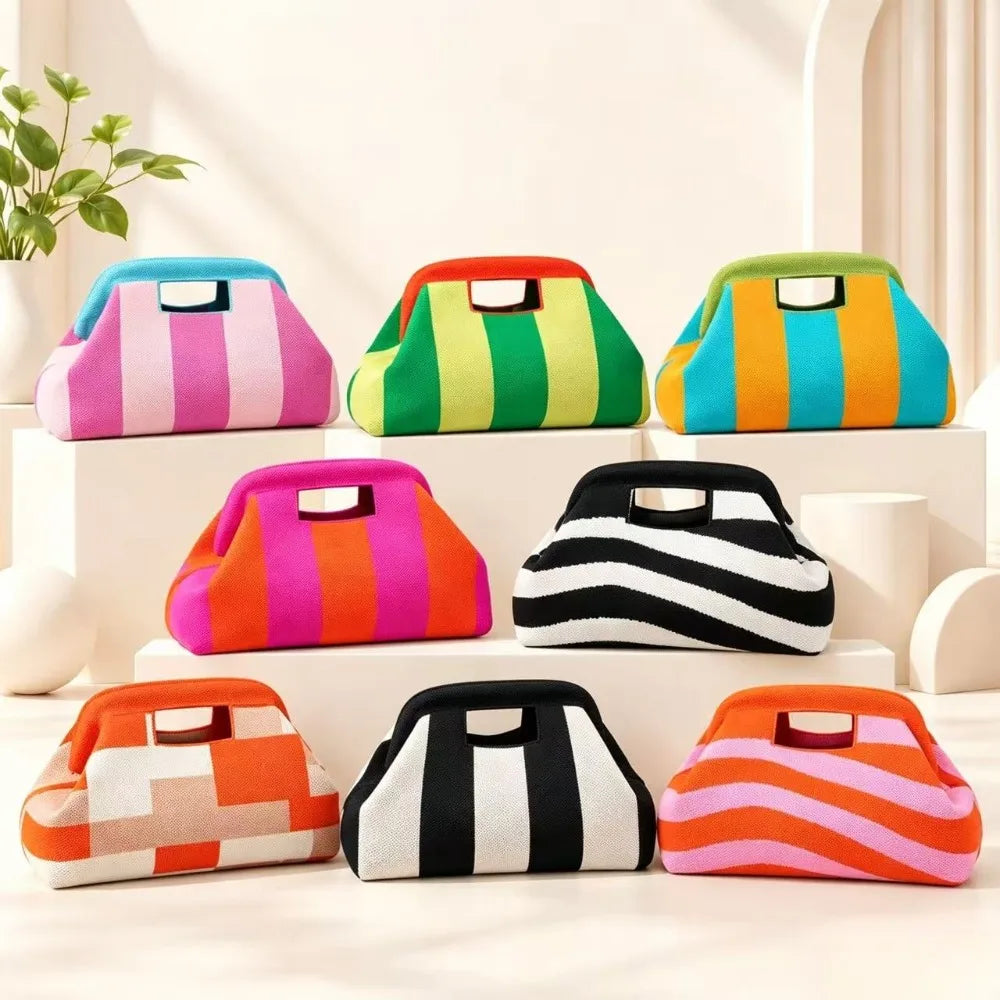 New Woven Bag Hollow-Out Striped Knitted Handbag Fly-Knitted Cloud Versatile Portable Cosmetic Bag