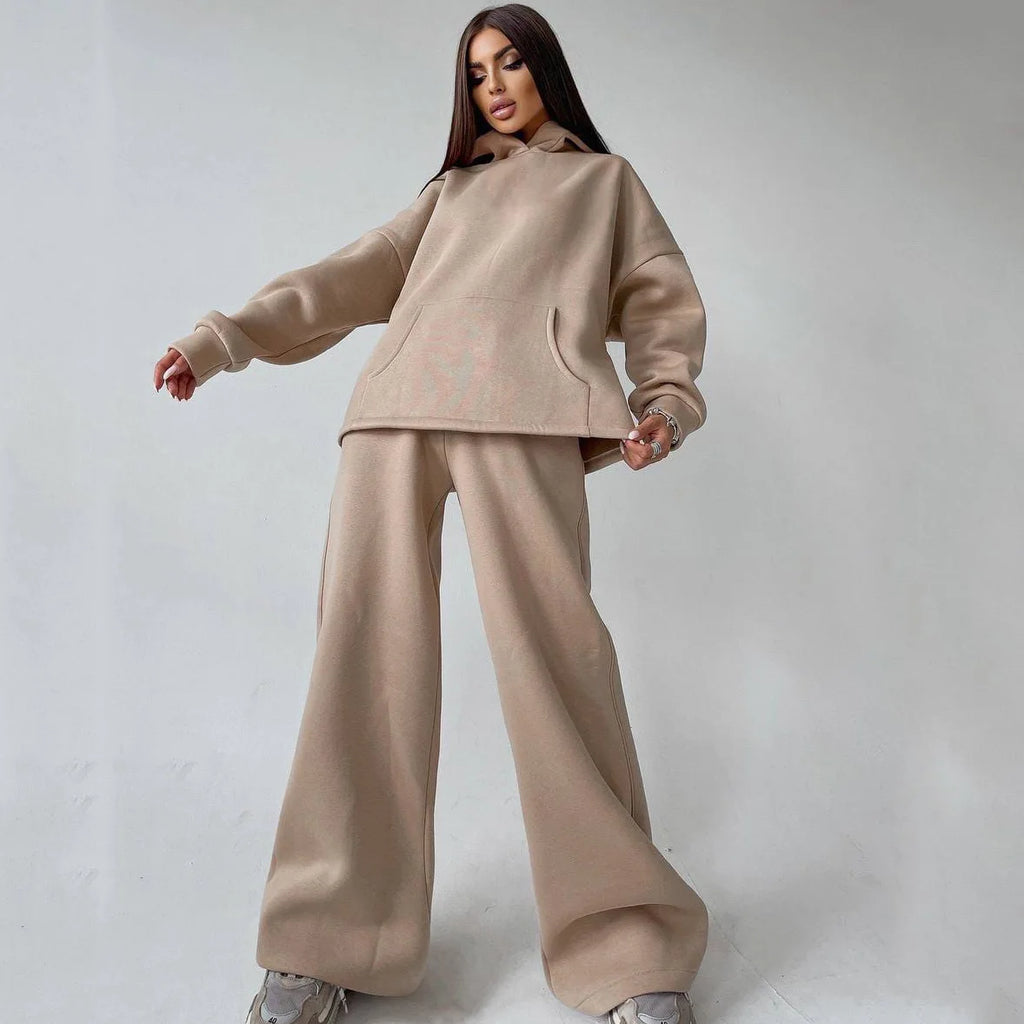 Woman's Solid Color Hooded Sweatshirt Pant Two-piece Set Fashion Long Sleeves Pocket Pullovers Pants Suits Ladies Loose Outfit