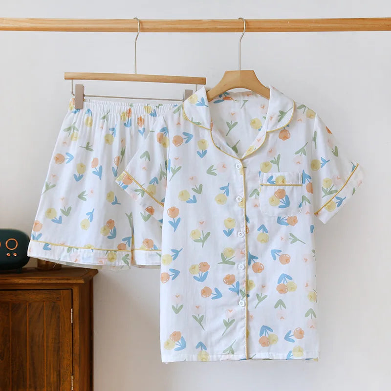 Japanese simple short pyjamas women 100% cotton short sleeves ladies pajama sets shorts Cute cartoon sleepwear women homewear