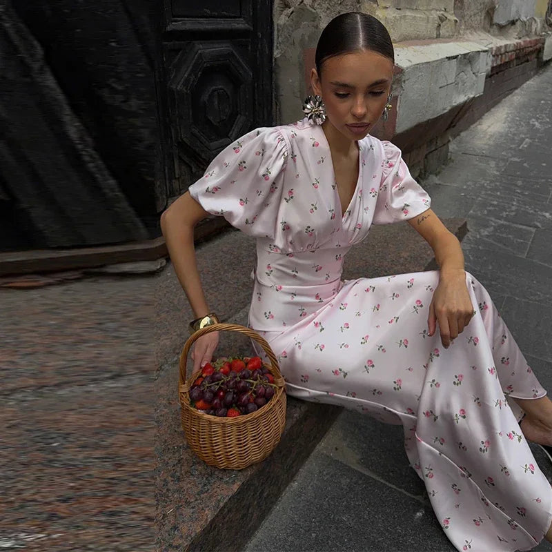 Elegant Print Women Long Dress Fashion V-neck Pleated Flutter Short Sleeve Empire Female Dresses 2026 Summer Chic Female Robe