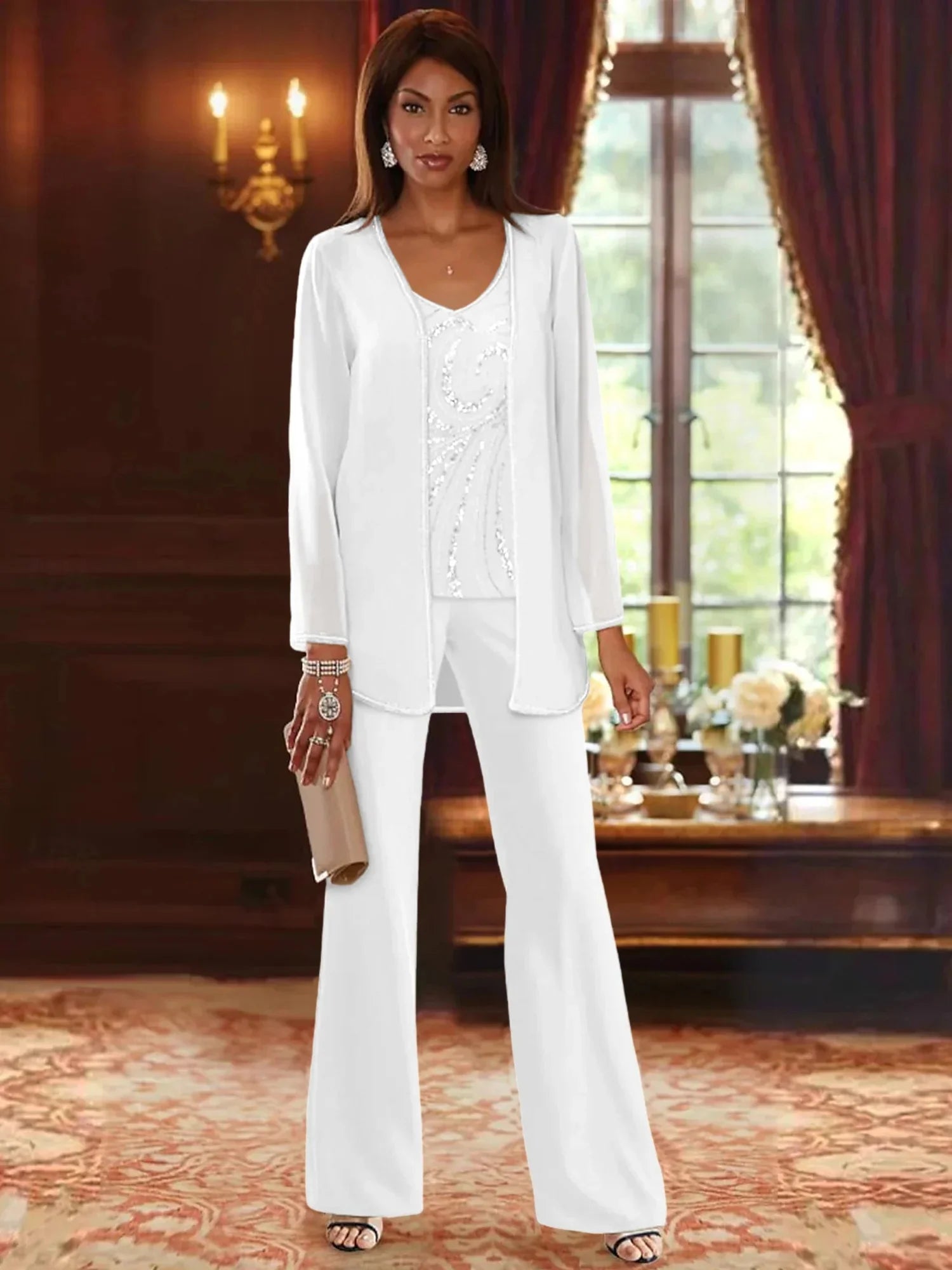 Pantsuit 3 Piece Mother of the Bride Dress Formal Wedding Guest V Neck Chiffon Lace Sleeveless with Beading Sequin 2024