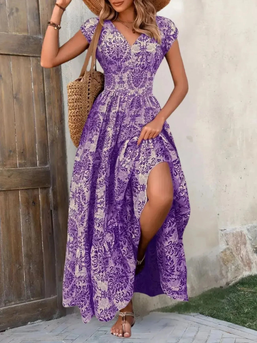 Women's Summer Retro Fashion Floral Printed Sexy V-neck Short Sleeve High Waist Medium Length Bohemian Loose Holidays Dresses