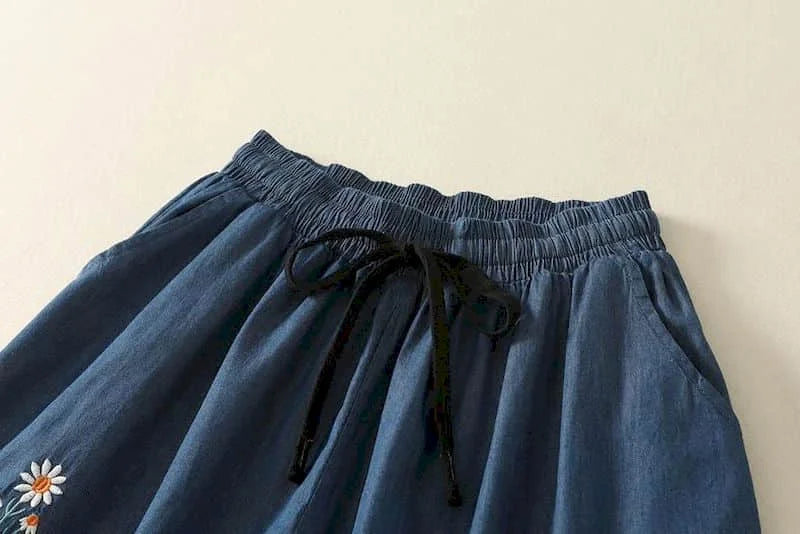 Denim Shorts Women Summer Wear Vintage Drawstring Elastic Waist Ruffle Wide Leg Pants Casual Loose Jean Shorts Women Clothing