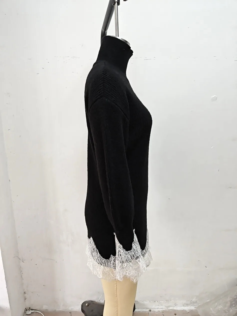 Women's Black Knitted Turtleneck Sweater Dress Lace Splice Mini Dress Fashion Spring Autumn Vintage Casual Retro Loose Dress