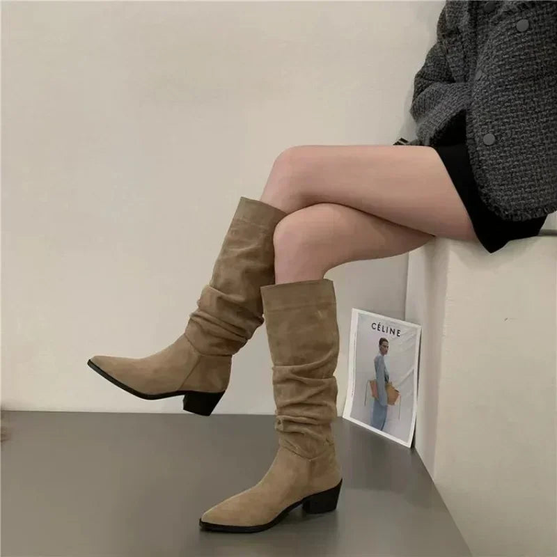Women Knee High Boots Autumn Winter Female Shoes Fashion Female Slip-on Folds Low Heel Round Toe Flat Long Boots