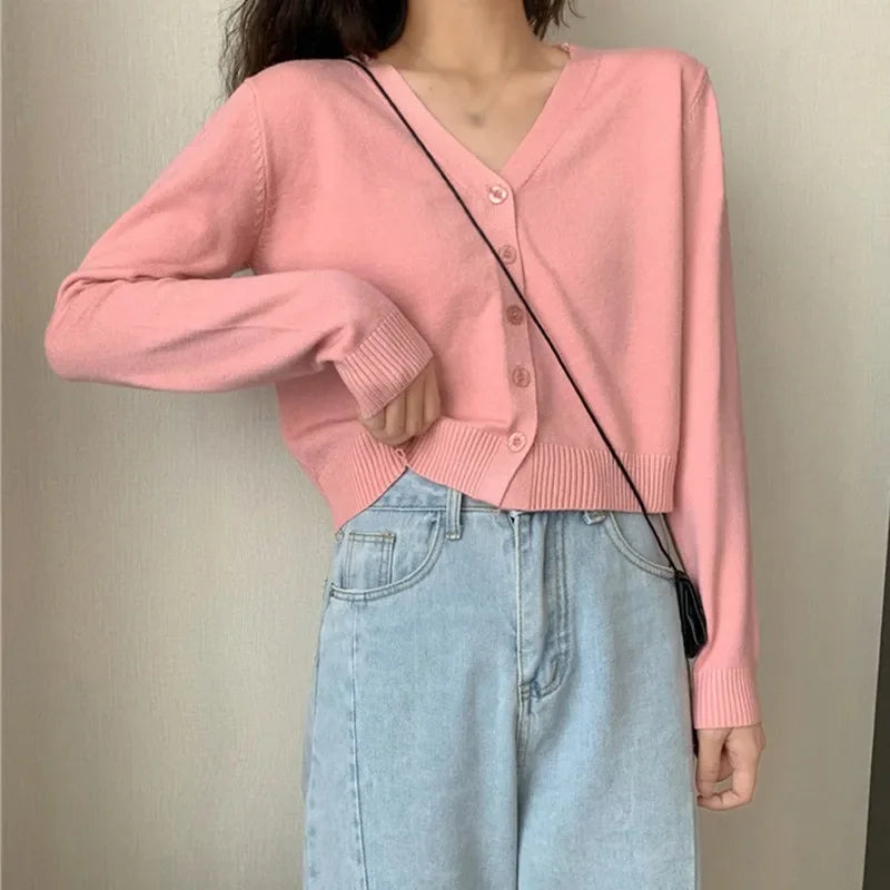 2025 Women's Long Sleeve Cropped Cardigan V Neck Button Down Knit Lady Autumn Spring Knitted Single-breasted Cardigan Sweaters