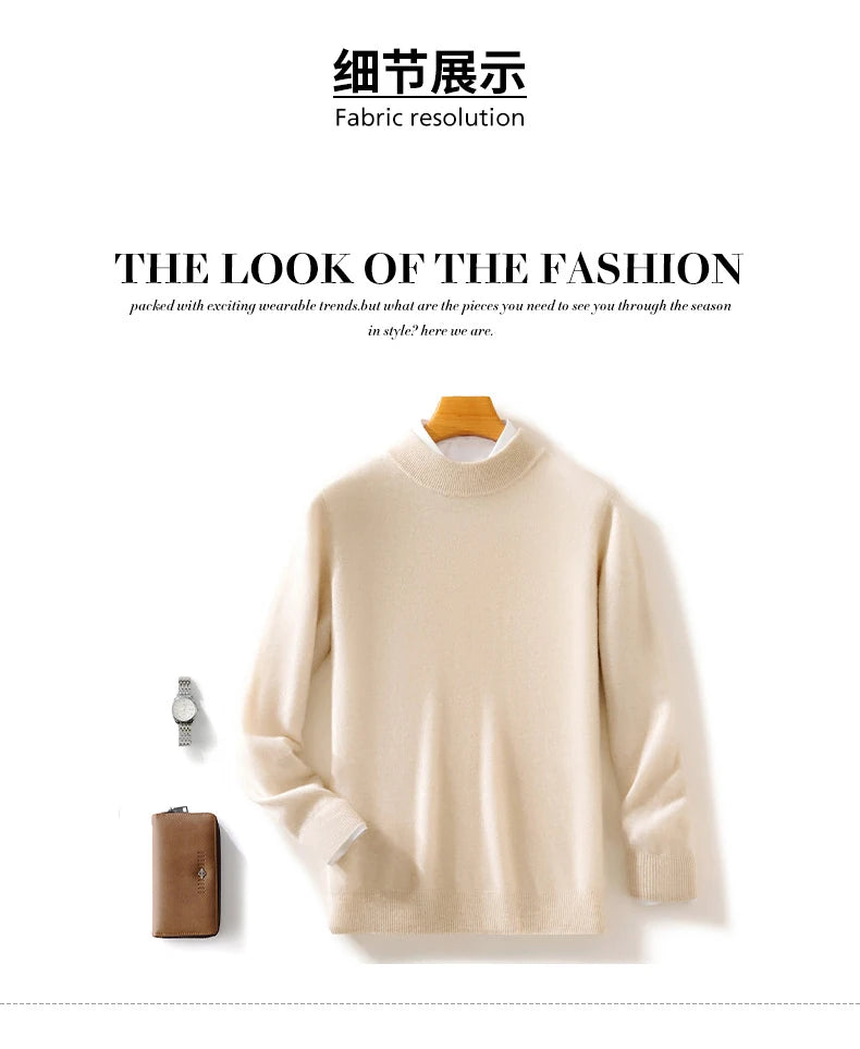 Autumn and Winter Half-high Neck 100% Pure Wool Men's Long Sleeve Leisure Sweater Knitwear