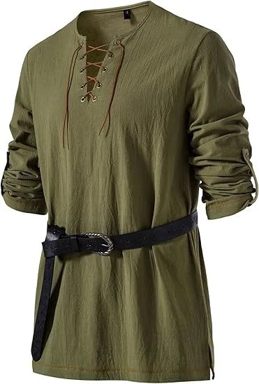 Men Medieval Lace Up Linen Long Sleeve Tunic Viking Pirate Renaissance Cosplay Shirt With Vintage Embossed Leather Belt