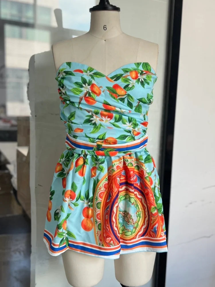 Sexy Strapless Printed Mini Dress 2025 Summer Fashion Women Sleeveless Backless High Waist Slimming Party Vacation Y2k Vestidos