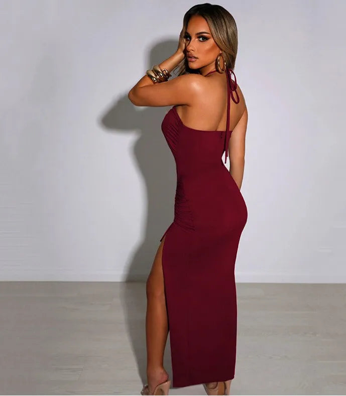 Women's Elegant Party Summer Sleeveless Halter Neck High Waist Pencil Dress Long Backless Cross Strap with High Slit Bodycon