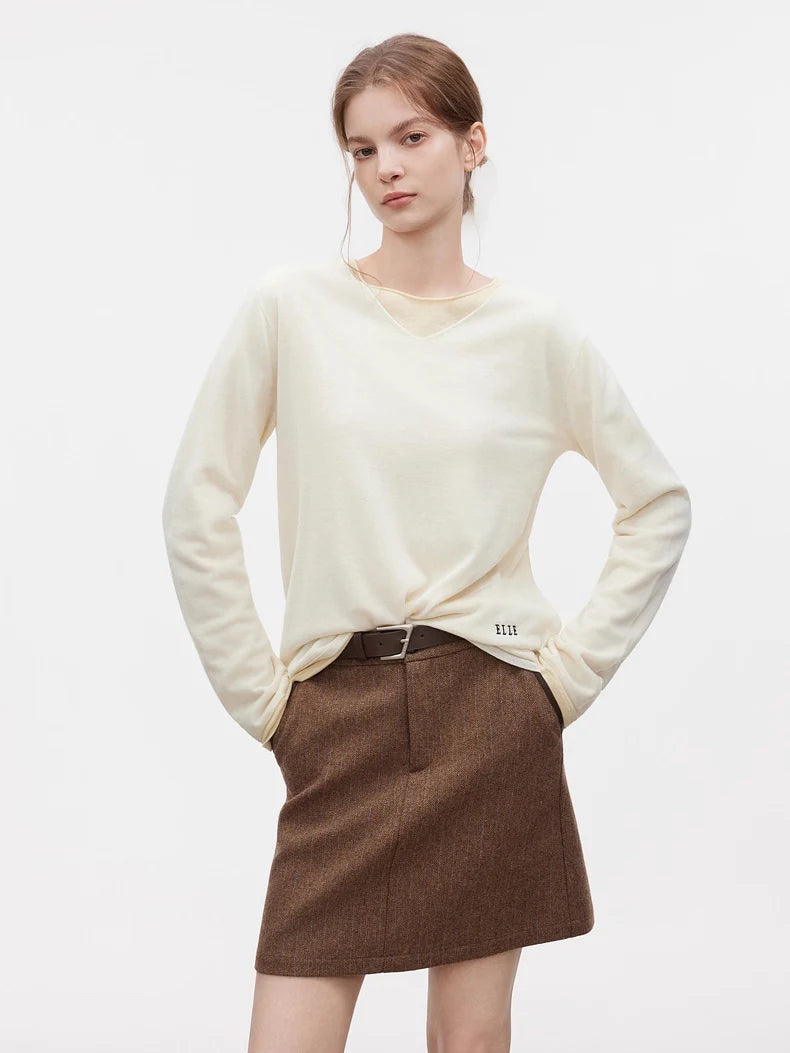 SuyaDream, Women Wool Pullovers, 5%Cashmere 92%Wool, Soft Cozy Sweaters, 2025 Fall Winter Basic Solid Knit Top