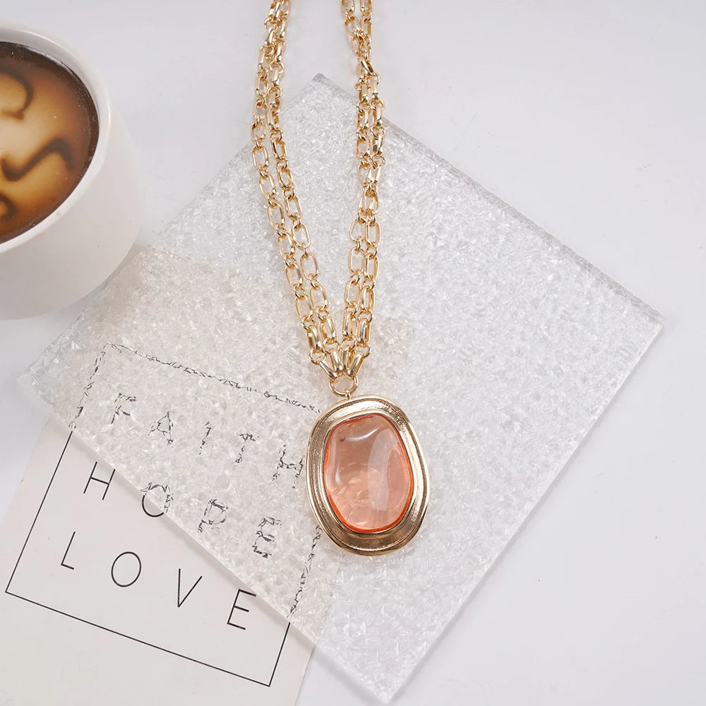 Peach Stone Layered Gold Chain Necklace (Modern Minimalist) Statement Jewelry Perfect For Brunch Date Stylish Outfits That Blend