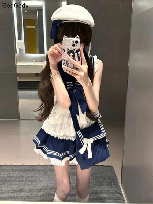 2025 Spring Preppy Style Sweet Elegant 2 Piece Sets Women Sailor Collar Y2k Design Mini Skirt Suits Female Bow Lace Chic Outfits