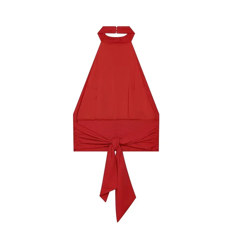 Women's Red Pants Sets Sexy Halter Backless Ruched Crop Tank Top Suit Elegant Female 2 Piece Sets Summer Woman New Matching Sets