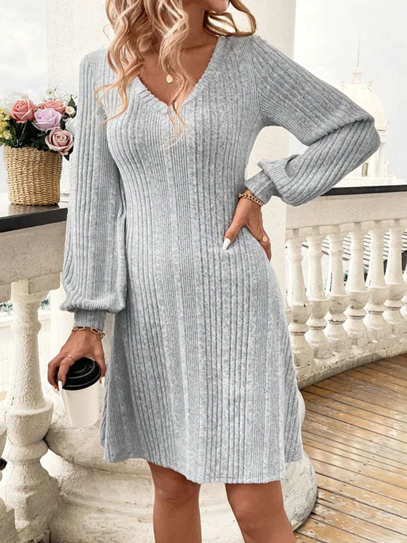 Evening Dress Autumn Winter Knitted Dress Women's V-neck Long-sleeved Slim New Solid Color Dress Vestidos De Mujer Robes Courtes