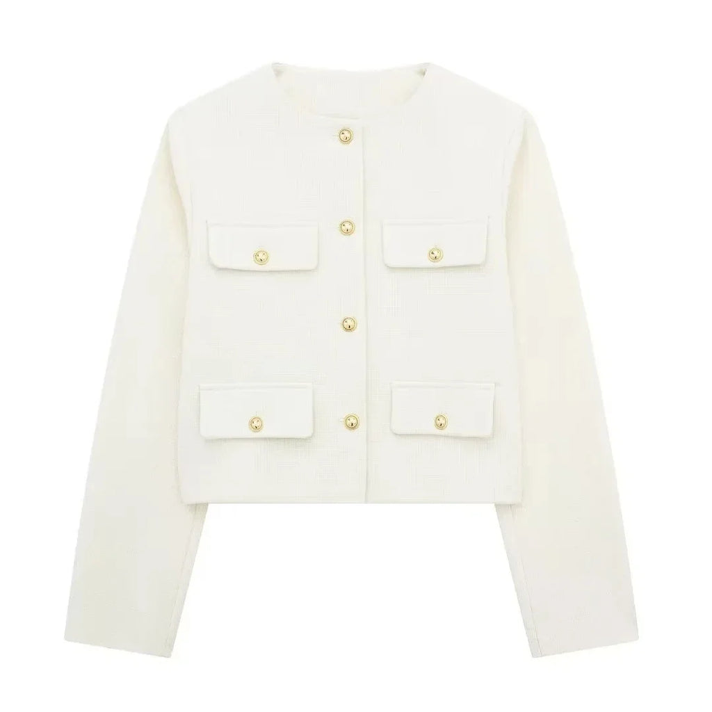 HH Women Vintage Solid Coat Button Long Sleeve O Neck Jacket With Pocket 2024 Spring Elegant Female Casual Outerwear Jakcet