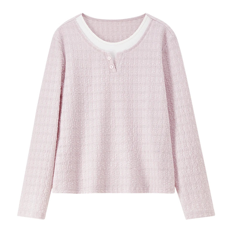 SENTUBILA Women's T-Shirt 2026 Spring Long Sleeve Top Round Neck Color Block Textured Fashion Tee Shirt Woman Clothes 161TD5398