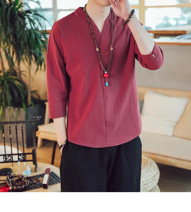 Summer Kimono Japanese Style Short Sleeve Men New Half-sleeved Cotton Linen Breathable Men Clothing T-shirt Japanese Yukata Tops