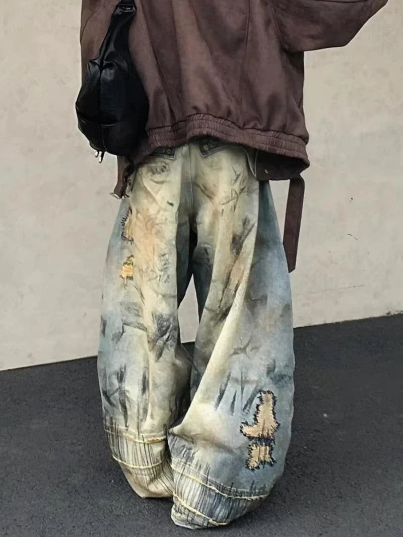 American Street Destruction Style Embroidered Denim Pants Oversized Retro Wash Personality Fashion Loose Casual Wide Leg Jeans