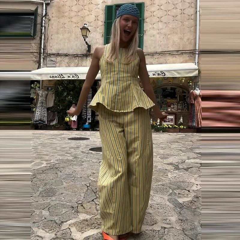 Casual Striped Pleated Vest Pants Women's Set Elegant Sleeveless O-neck Top Wide Leg Trousers 2026 Summer Vacation Lady Outfit