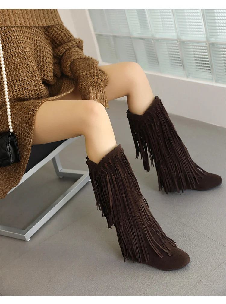 2025 New High Boots Women Bohemian Flock Tassle Mid-Calf Boots Wedge Booties Autumn Winter Ethnic Casual Shoes zapatos de mujer