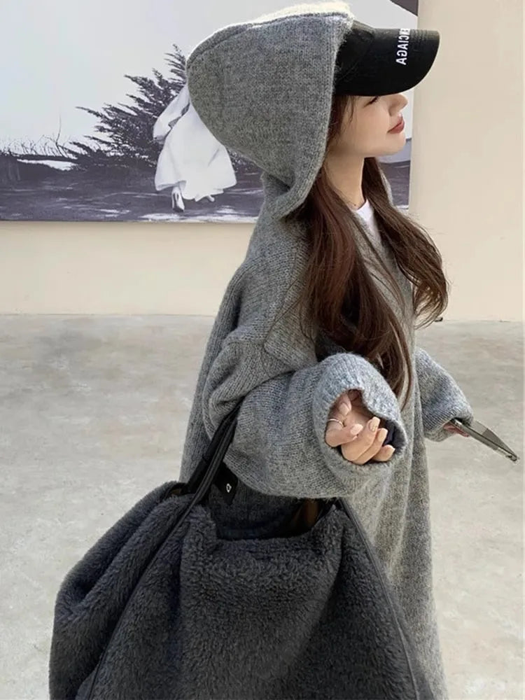 Korean style autumn hooded cashmere sweater long sweater dress loose women's knitted woolen hoodie