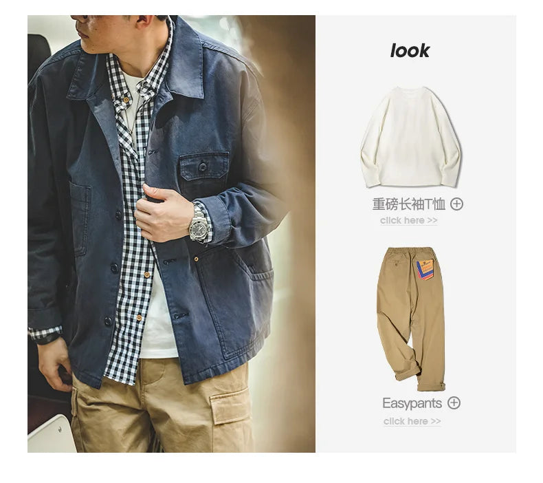 Maden Autumn Navy Blue Hunting Jacket for Men Turn-down Collar Asymmetrical Multipocket Cotton Casual Outerwear Coat Loose-fit