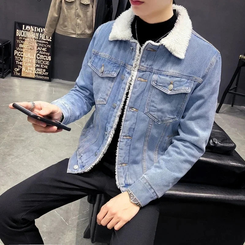 Men Warm Denim Jacket 2024 Winter Thick Fleece Outerwear Solid Casual Wool Lining Jean Jackets Coats Men Clothing Oversized 6XL