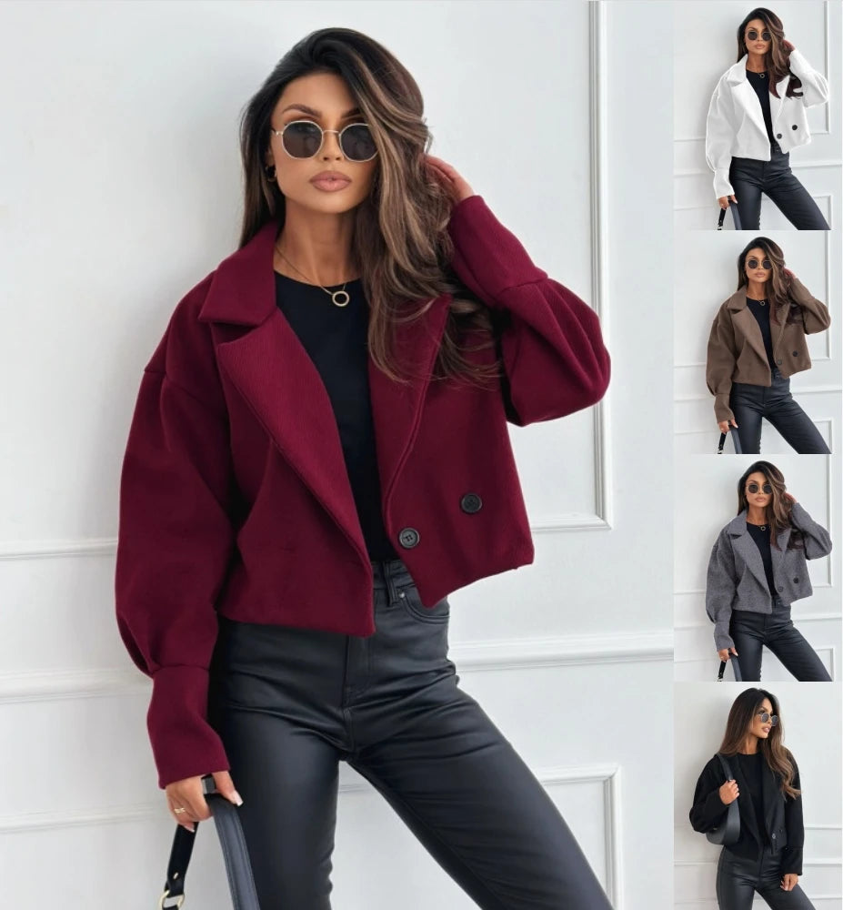 Women's Cropped Wool Blend Coat with Notch Lapel and Double Breasted Button Closure for Fall Winter Fashion