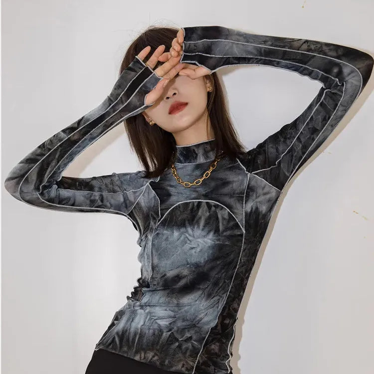 CHEERART Tie Dye Grey Black Turtleneck Woman Tshirts Bodycon Long Sleeve Top Women Fall Fashion Tee Shirt Femme Clothing