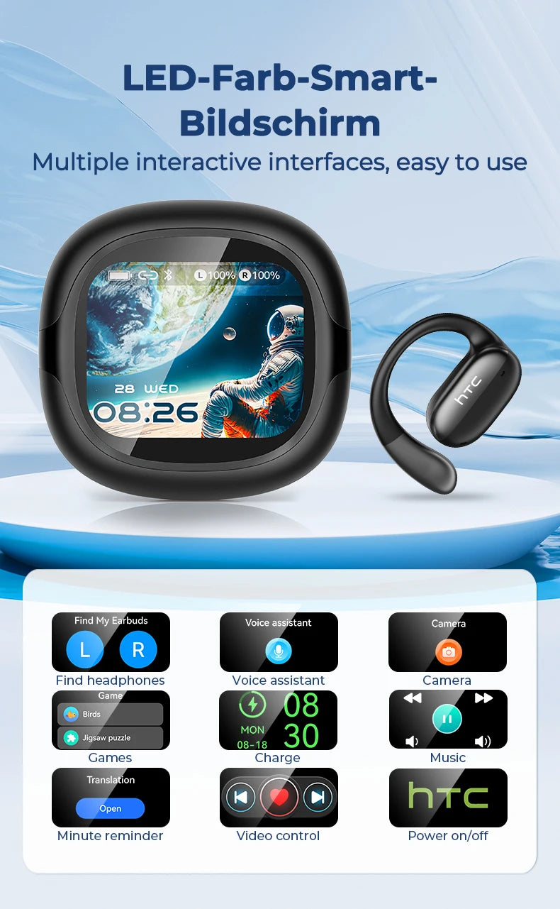 HTC Bluetooth Headset Surround Sound Hi-Fi Stereo Comfort Fit Lightweight Open Ear for Sport Running Wireless Earbuds NE58
