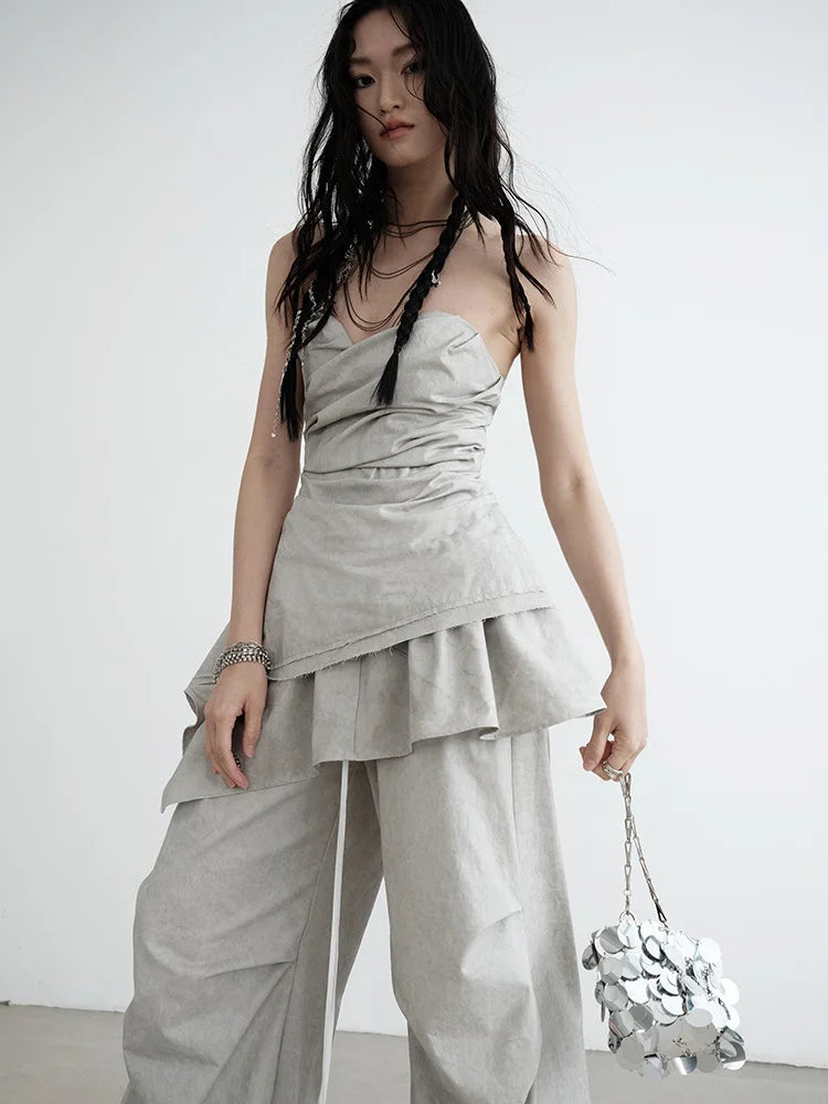 [EAM] Women Gray Pleated Irregular Hem Elegant Tank Tops New V-collar Sleeveless Personality Fashion Spring Summer 2026 1DH6256