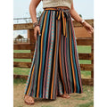 Women's Plus-Size Belted Wide-Leg Trousers with Stylish Striped Print – Casual Vacation Wear for Spring, Summer, and Autumn