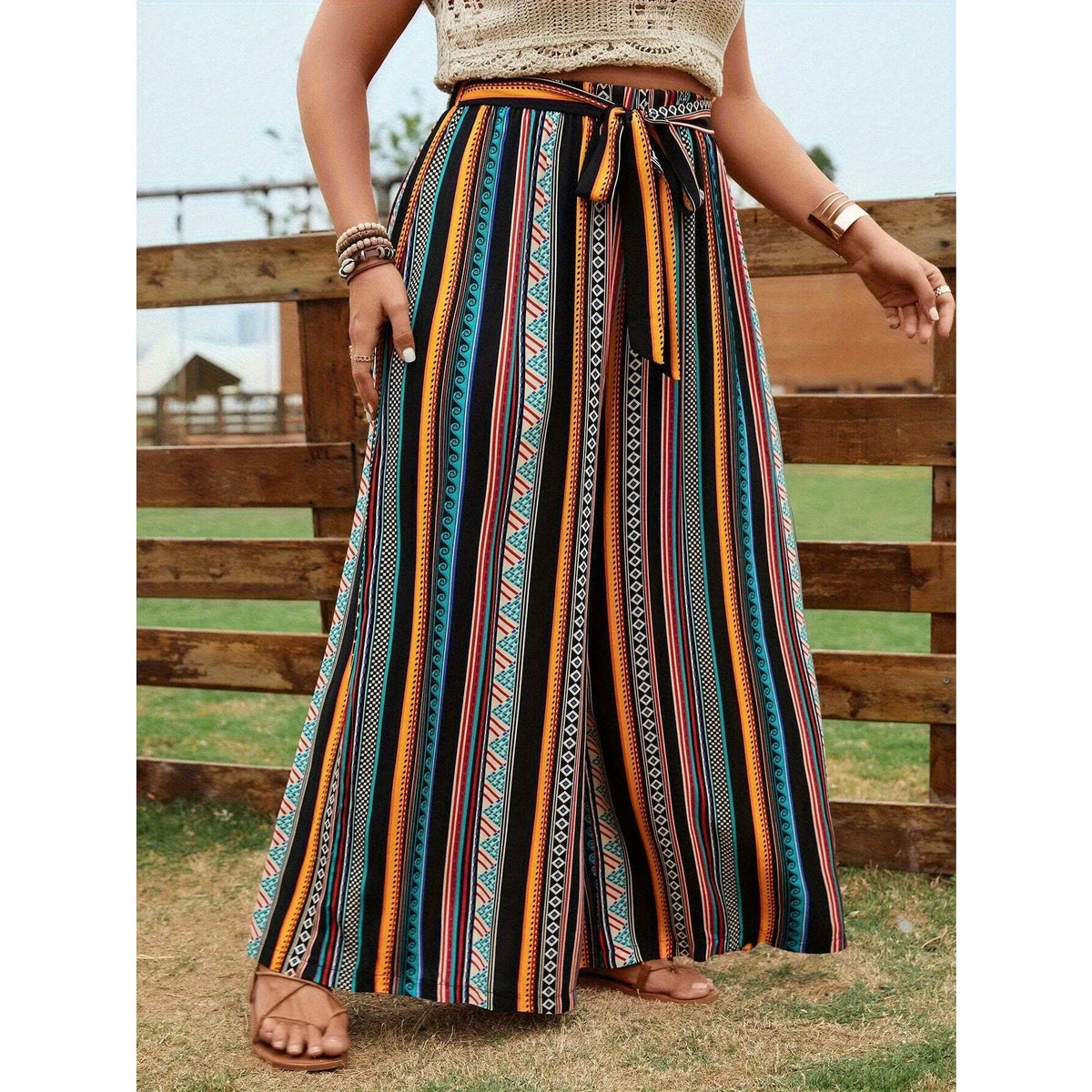Women's Plus-Size Belted Wide-Leg Trousers with Stylish Striped Print – Casual Vacation Wear for Spring, Summer, and Autumn